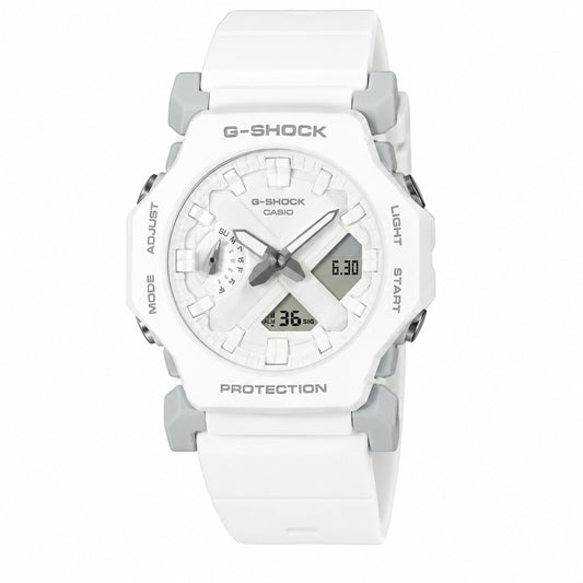 A white G-Shock Casio watch with a white silicone strap, white dial, and gray accents, shown against a plain white background.