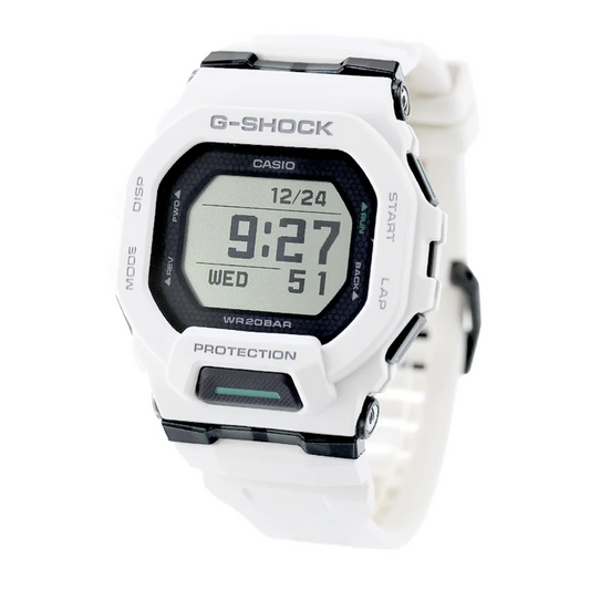 A white Casio G-Shock digital watch with a white silicone strap and black accents, shown on a clean white background.