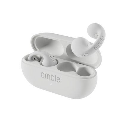 White wireless earbuds with charging case on a white background, branded 'ambie'.