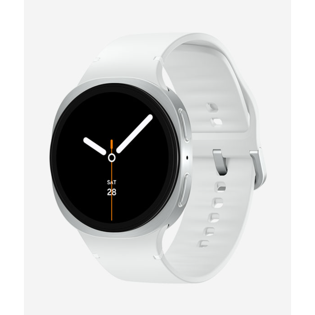A white smartwatch with a round silver bezel and a black digital watch face, shown on a light gray background.