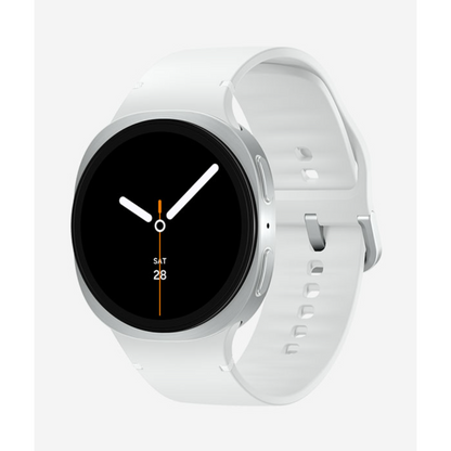 A white smartwatch with a round silver bezel and a black digital watch face, shown on a light gray background.
