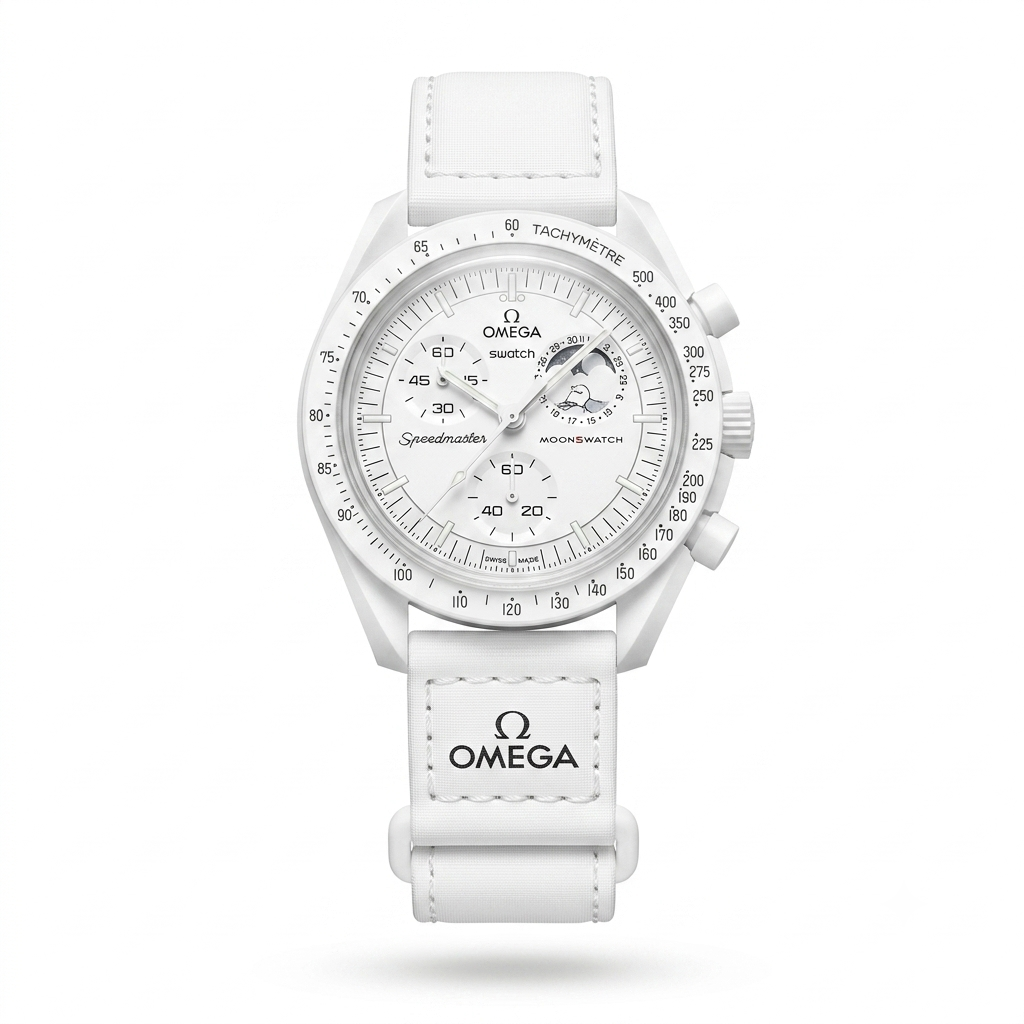 White Omega Speedmasteroon watch with a white dial, white bezel, and white rubber strap on a clean white background.