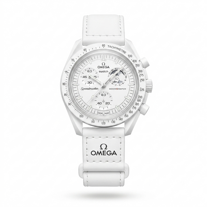 White Omega Speedmasteroon watch with a white dial, white bezel, and white rubber strap on a clean white background.