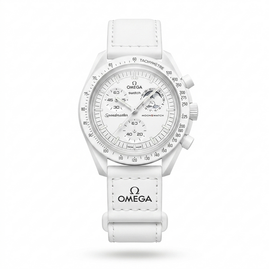 White Omega Speedmasteroon watch with a white dial, white bezel, and white rubber strap on a clean white background.