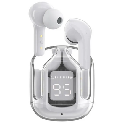 White wireless earbuds with a clear charging case on a white background
